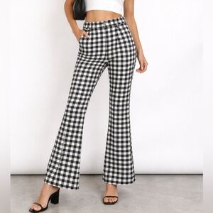 SHEIN Black White Gingham Flare Pants L High Rise Retro Parisian Style